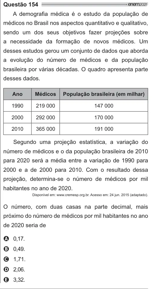 Imagem da questão 154 do ENEM 2021